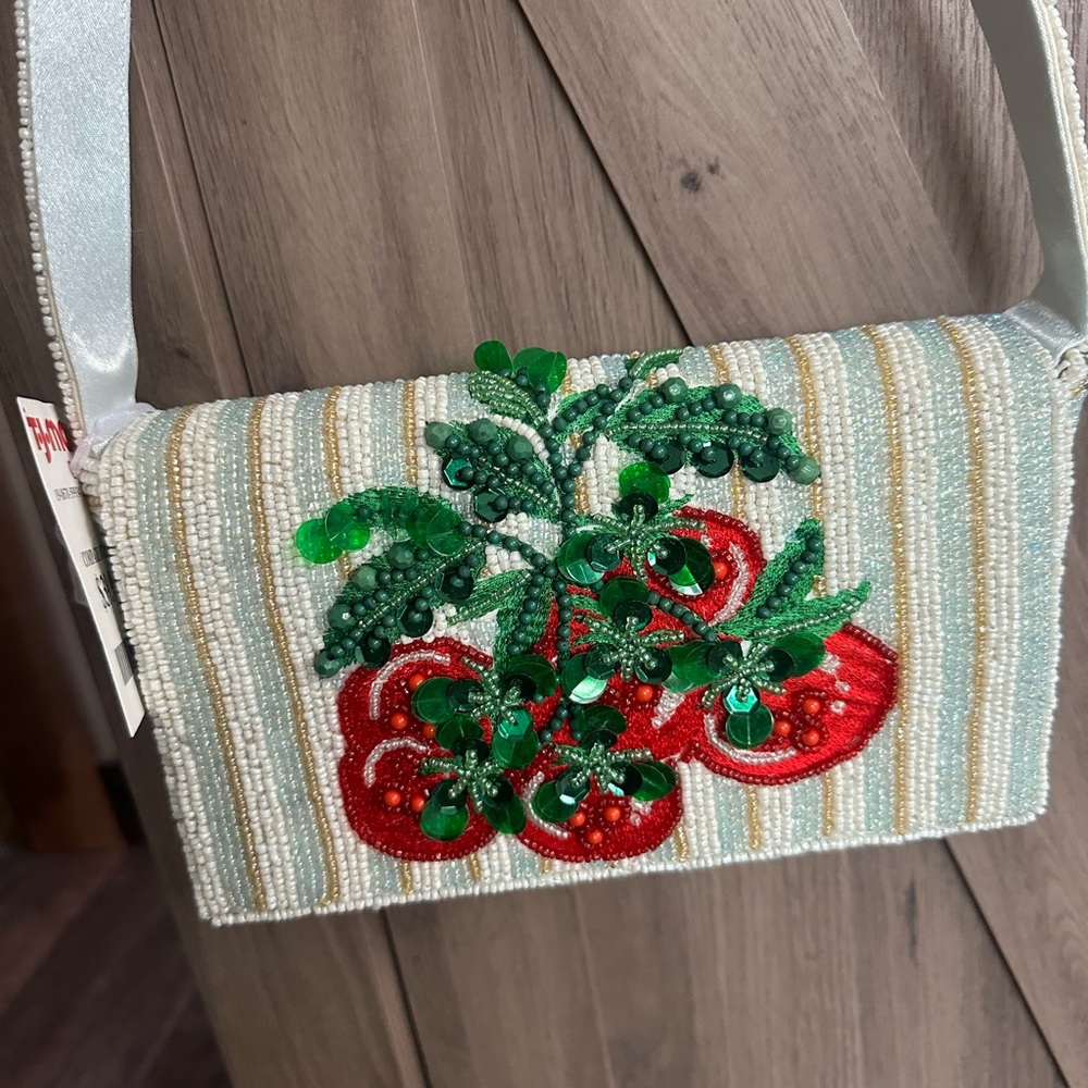 H&M Beaded Clutch with Red and Green Floral Design